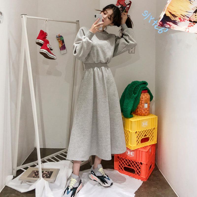 

Women s Trendy Korean-Style Cinched Waist Long Hoodie Dress, Gray, 2025 Spring/Autumn, Plus Size, Long Sleeve, Large Hem 2XL чёрный