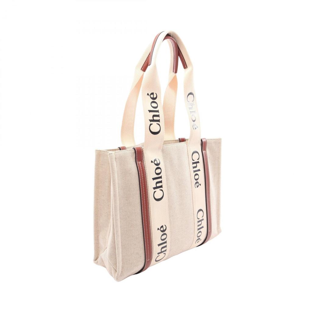 Used Chloe WOODY Medium Tote Tote Bag canvas leather Beige Brown Used Women