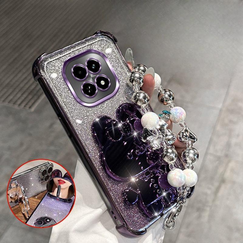 

Чехол для телефона с кронштейном-зеркалом в виде кролика для Realme 14 Pro 13 12 Pro Plus 5G C75 с браслетом, амортизирующий чехол с воздушными подушками в четырех углах Case & Holder&Realme C75 фиолетовый