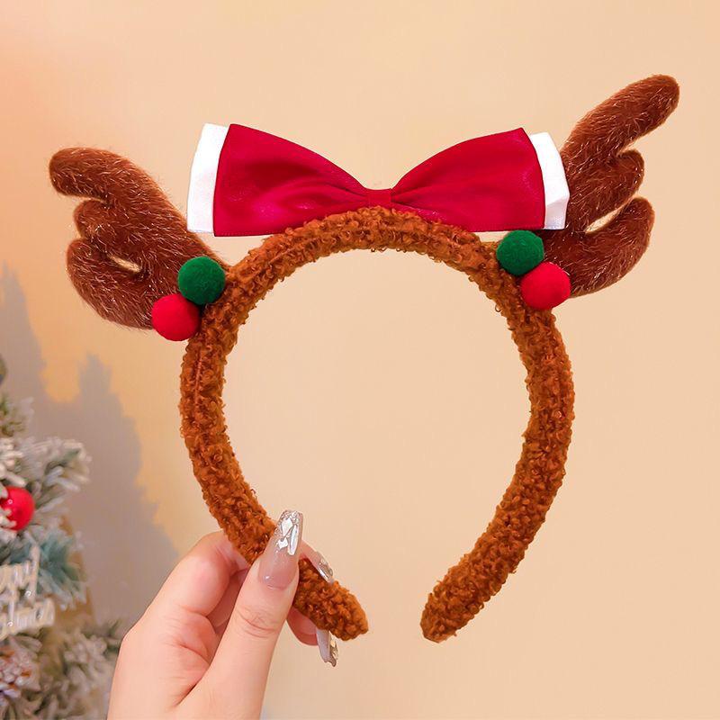 Fluffy Red Bow & Antler Christmas Headband Set