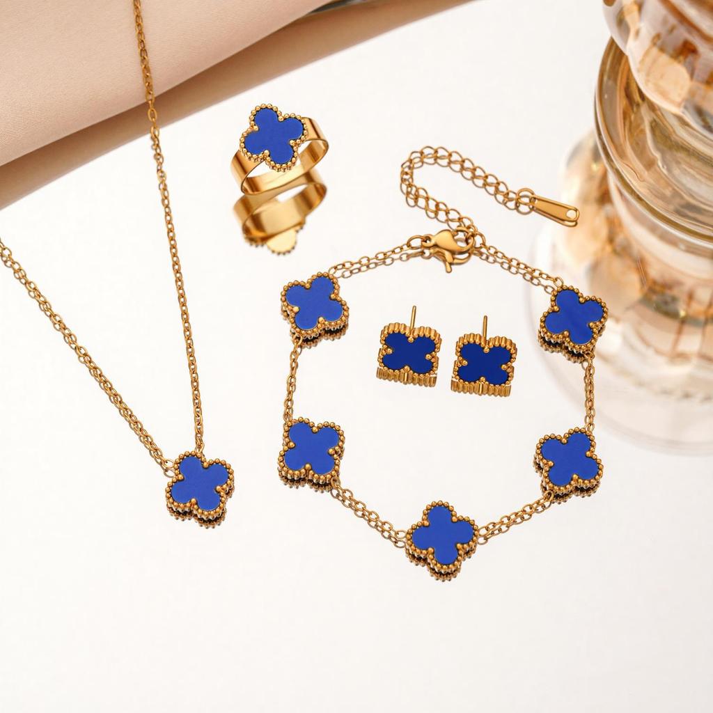 4PCS Titanium Steel Non Fading Clover Set Necklace Bracelet Ring Earrings Women's Fashion Clover Four Piece Set