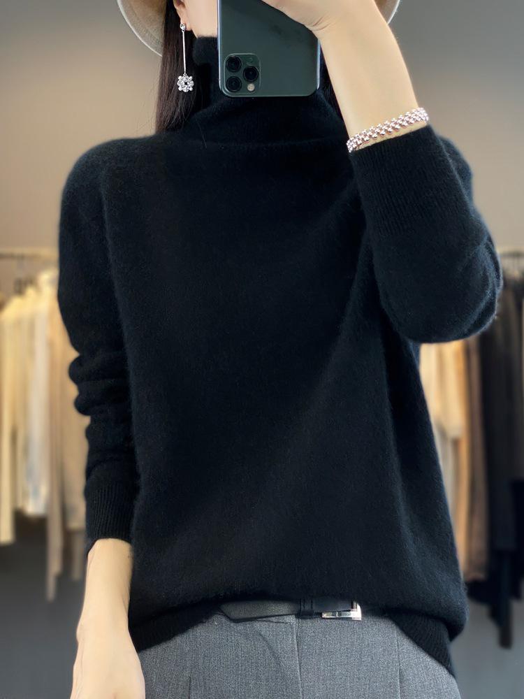 Women's Pure Wool High Neck Loose Pullover Sweater - Solid Color, Slimming, Long Sleeve - Autumn/Winter Collection
