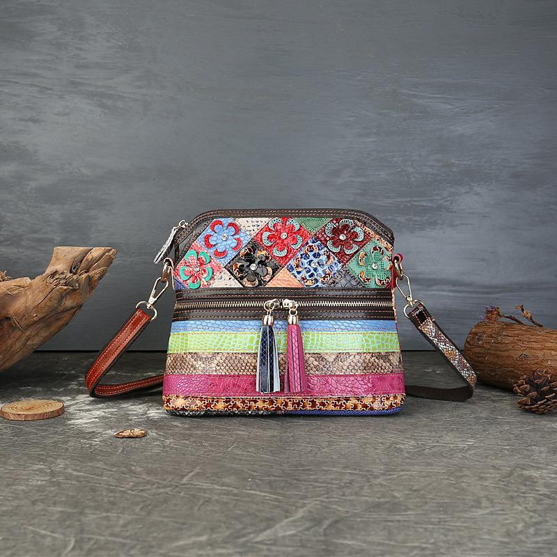 

Сумка-ракушка из натуральной кожи с цветным змеиным узором, маленькая квадратная сумка в стиле ретро, ручной работы, сумка через плечо с кисточкой-цветком