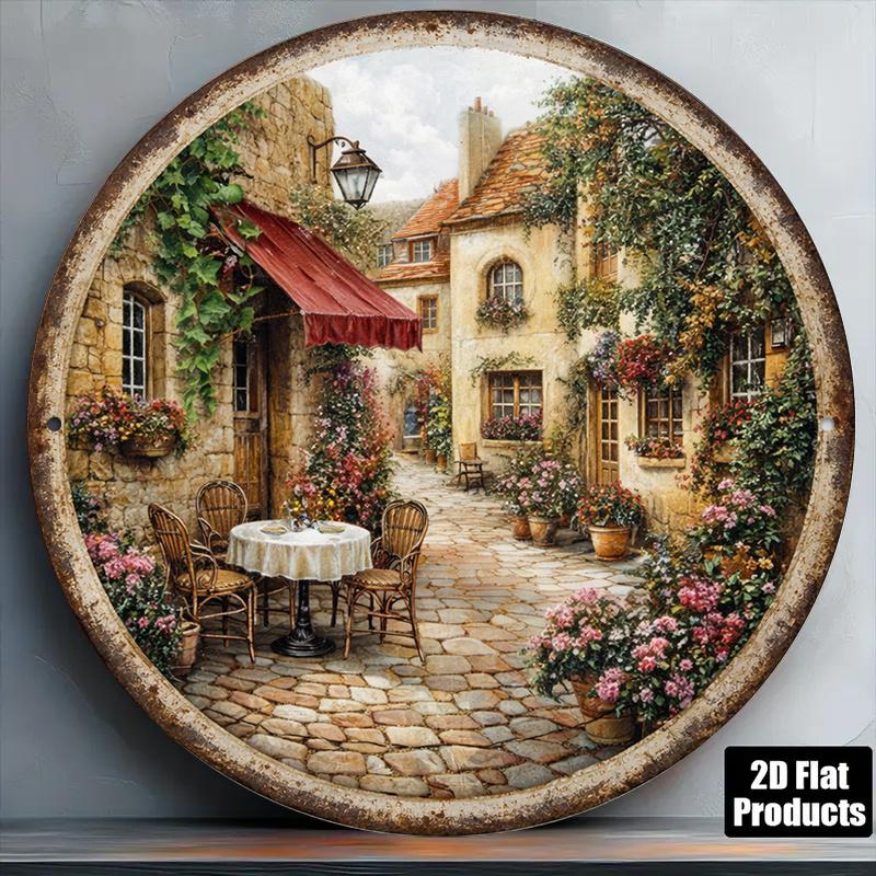 Pc InXCm D Flat Round Sign Vintage Plaque of European Town Street Scene Country Cafe Decoration Sign Suitable for C