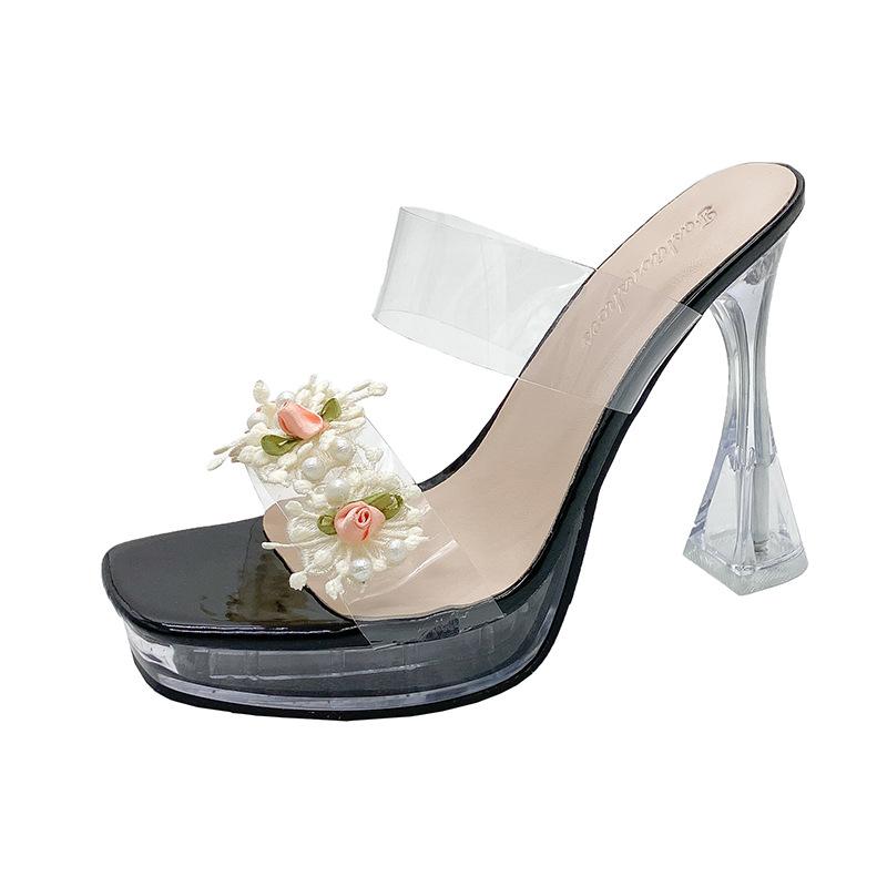 Xia's New Large-size Transparent Slippers Crystal Thick High Heels Fashionable Open-toed One-word Drag Girl