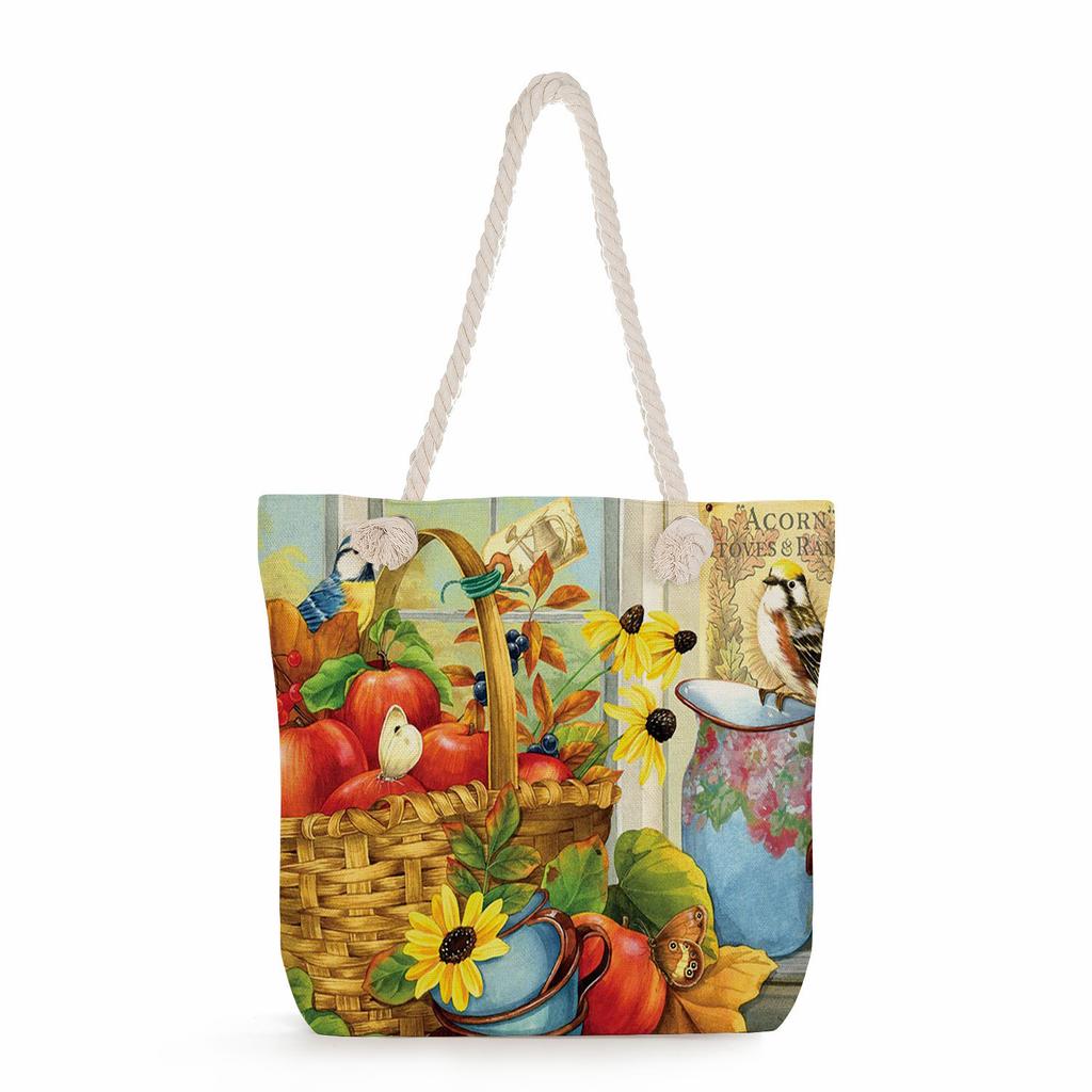 Flower Bird print thick rope single-shoulder beach bag 7272 CLE