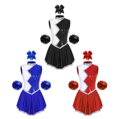 Womens Color Block Sleeveless Dress Shiny Sequin Cheerleading Costume Bowknot Headwear Flower Balls Set