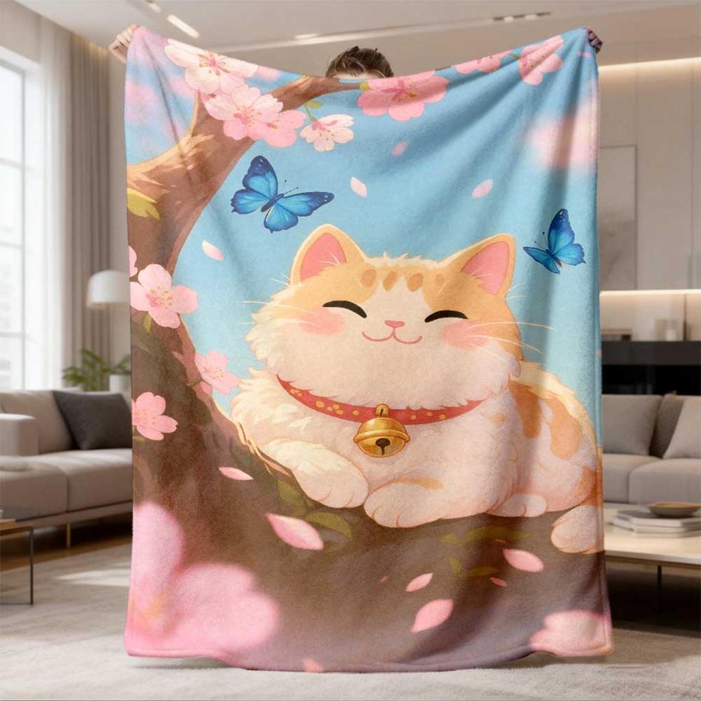 Anime-Inspired Cherry Blossom & Calico Cat Flannel Blanket | Soft Polyester All-Season Bedspread With Pastel Pink & Blue Spring Design, Wrinkle-Resist