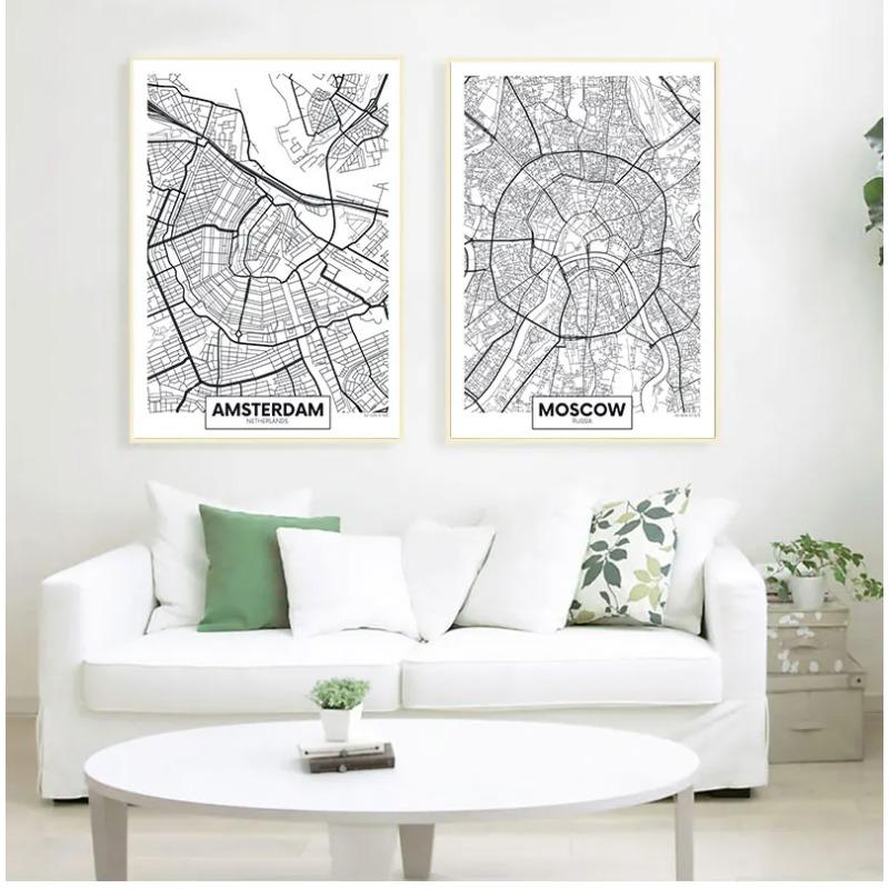 Poster con Parole Nero Bianco Mappa Città Parigi Londra New York Stampa Nordica Pittura su Tela Quadro da Parete per Soggiorno Decorazioni per la Casa