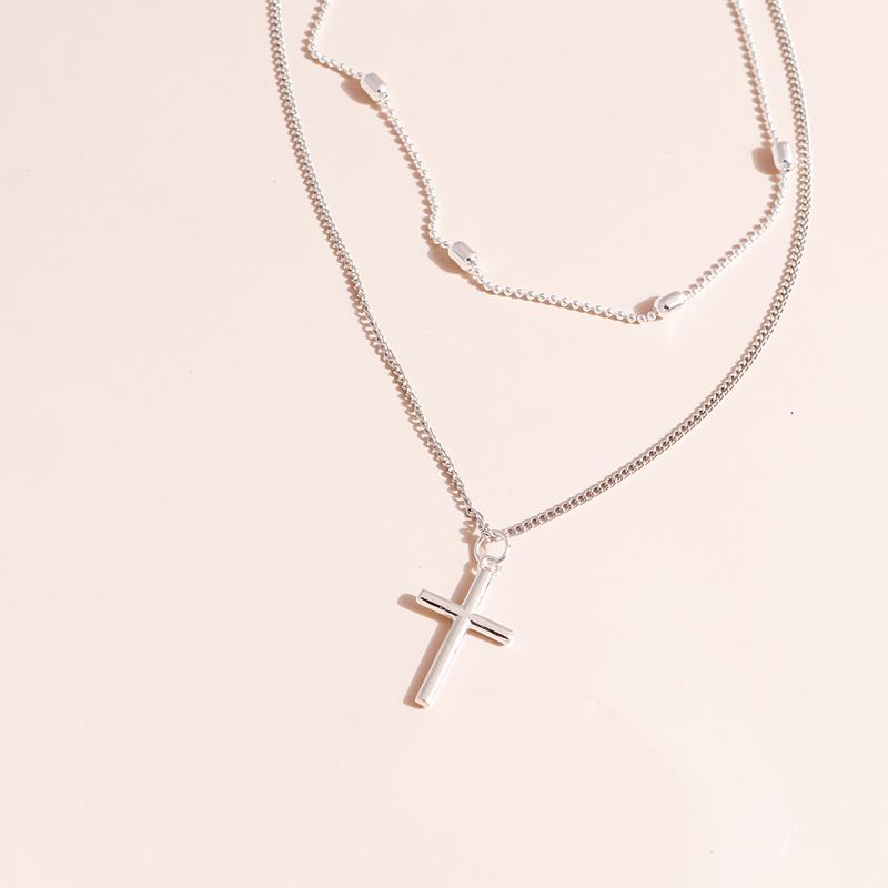 Romantic Cross Pendants Necklace for Women Gold Silver Color Multilayered Oval Beads Chain Necklace Minimalism Female Jewelry