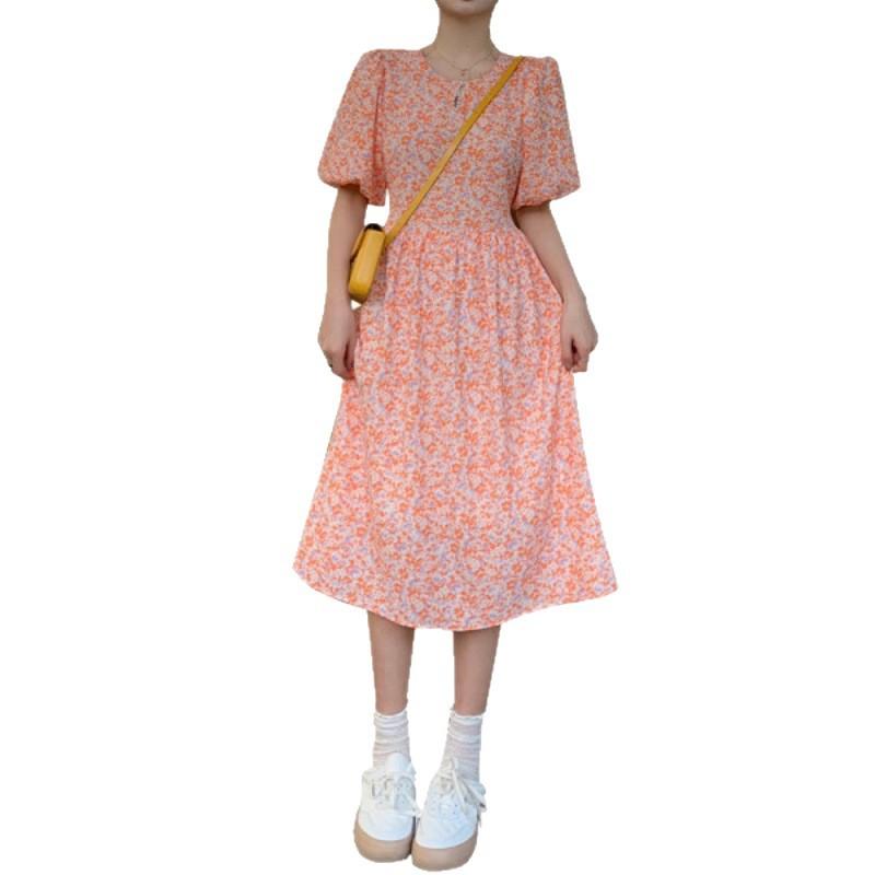 French retro fresh summer new bead neck orange floral dress lady bubble sleeve short sleeve skirt