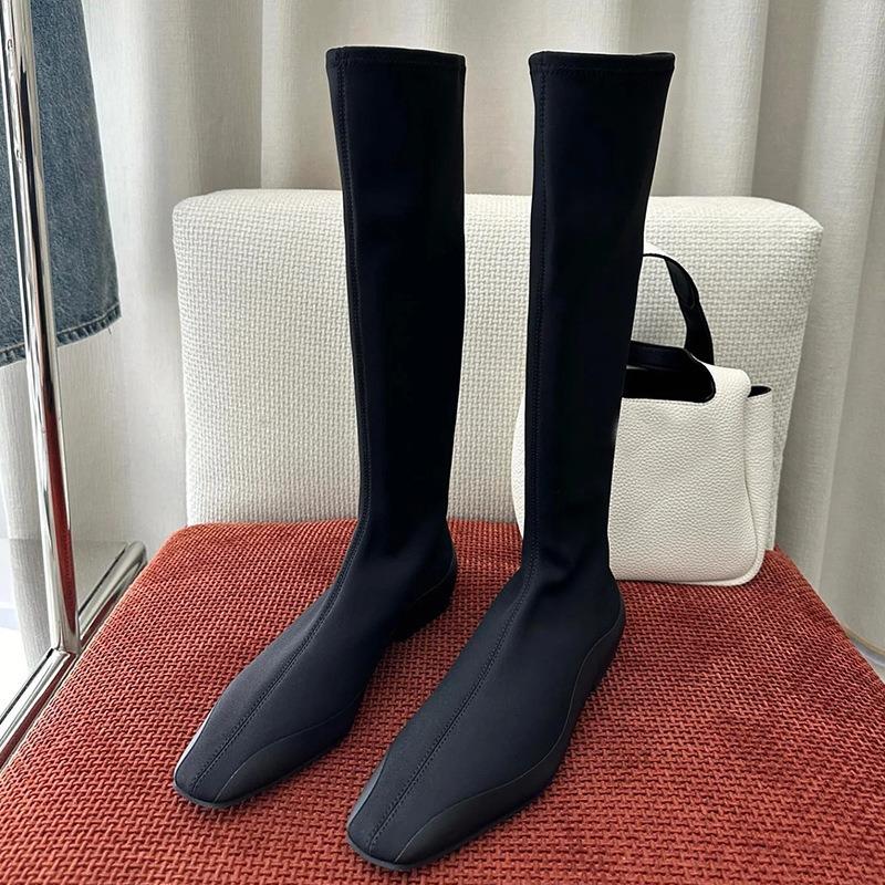 Herbst Minimalistisch Vielseitig Elastisch Skinny Stiefel Damen Strumpfstiefel Eckige Spitze Flacher Boden Aber Knie Langstiefel