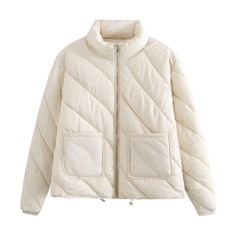Womens Lightweight Puffer Jacket With Quilted Stripe Design Stand Collar Long Sleeve Loose Fit Short Coat Winter