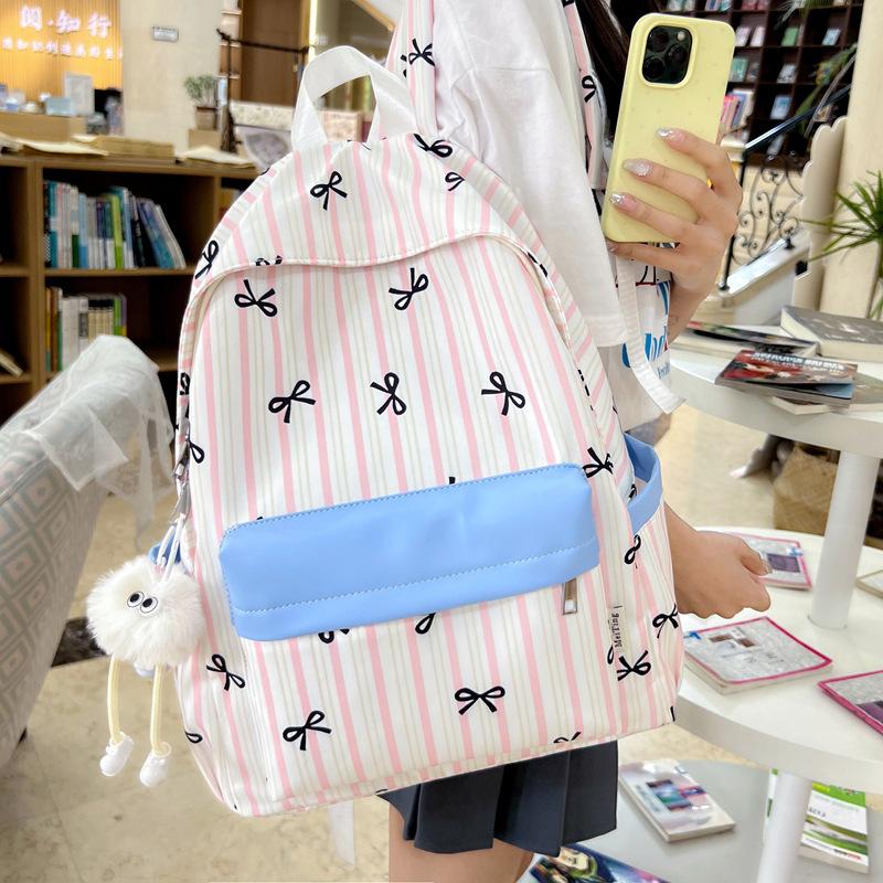 Zaino Nuovo a Strisce Zaino Versatile da Donna Zaino da Campus con Fiocco Zaino Scolastico Leggero Zaino Casual da Viaggio