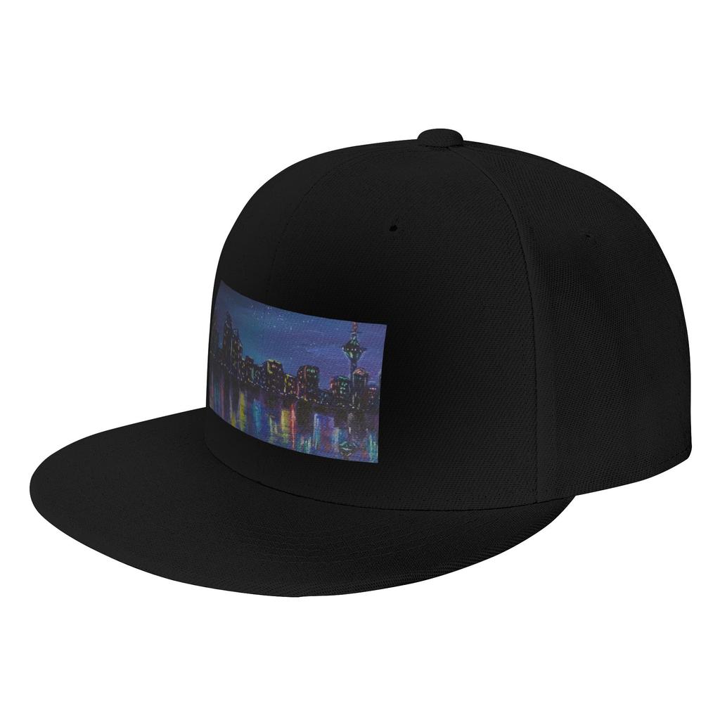 Fashion Colourful Cityscape at night reflecting on water acrylic painting Flat Brim Sun Hat Suitable For Square Faces Black Cap