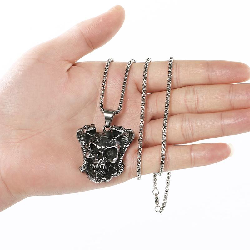 Skull & Double Snake Pendant Necklace for Men Stainless Steel Vintage Gothic Punk Jewelry Retro Biker Rock Accessory Gift