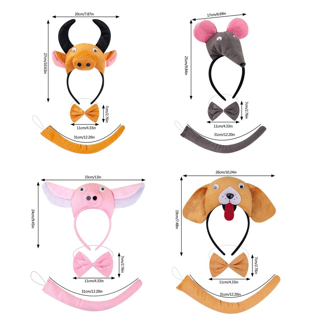 Mouse/Pig/Cow/Monkey/Sheep/Tygers/Dog Costume Set Ears Headband Tail Bows Kid Halloween Christmas Animal Cosplay Props