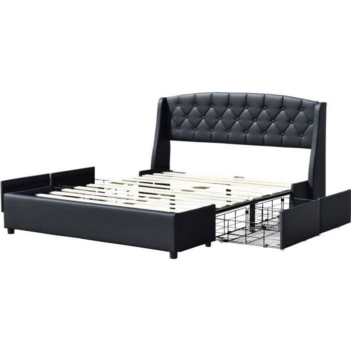 Iris - Solide et Confortable Lit 140x190 avec Sommier avec 4 tiroirs Tete de lit Couleur NOIR Pieds en 4 cm - 2