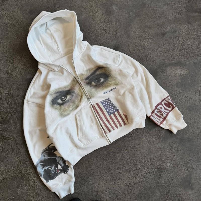 Unisex Streetwear Hooded Zip-Up Sweatshirt With Eye Flag Print Fall Winter Loose Fit