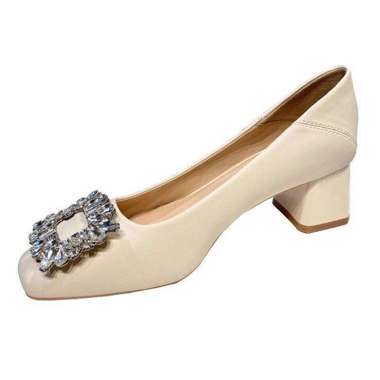 French beige high heels women's 2025 spring and summer new soft leather commuting square head thick heel rhinestone temperament single shoes