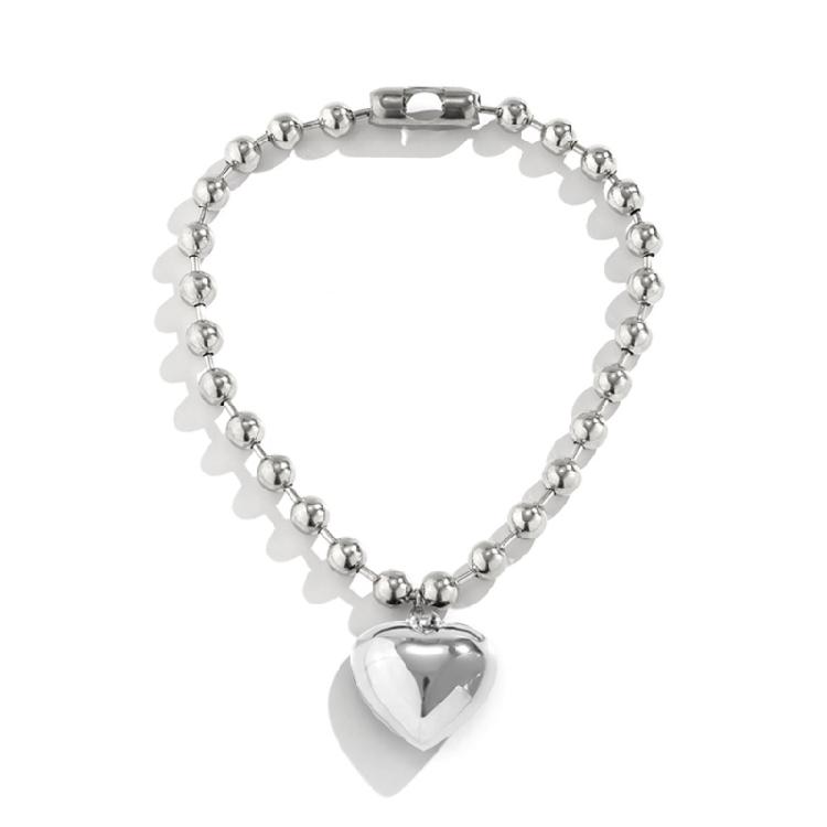 Korean Round Bead Chain Silver Love-shape Pendant Necklace Ins Clavicle Chain