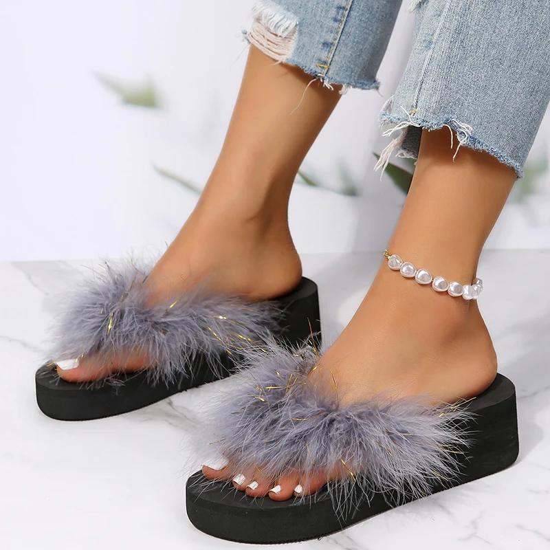 Fashion Women's Slippers with Faux Fur Non Slip Platform Wedges Flip-Flops for Woman 2025 Fashion Summer Vacation Beach Sandals Mujer