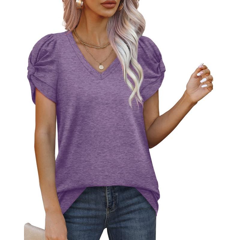 Spring and Summer New Solid Color Simple Twist V-neck Short-sleeved T-shirt Bottoming Shirt for Women