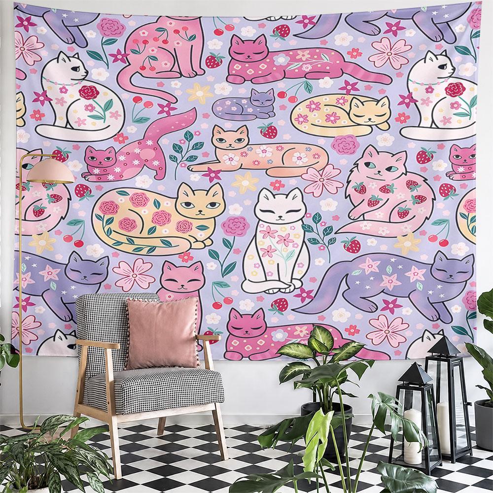 Floral Cats on Pastel Background Pattern Wall Hanging Tapestry Decorative Tapestry Home Decor for Bedroom and Living Room