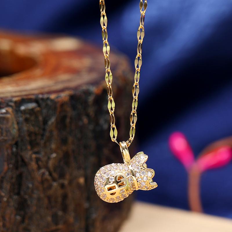 Chinese style imitation Hetian jade safety buckle necklace women's retro temperament titanium steel clavicle chain gold inlaid jade pendant with