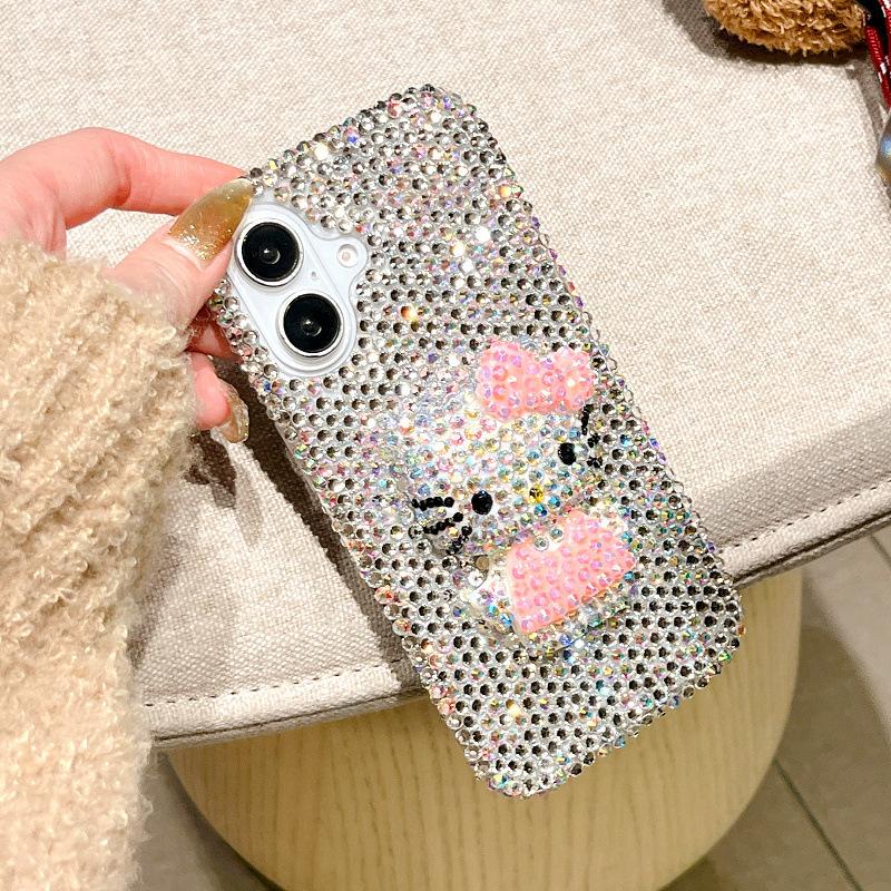 Full Diamond Three-dimensional KT Cat Suitable for Apple 17 Mobile Phone Case iPhone16ProMax Cute 15 Cartoon 14 Protective Case