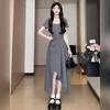 Hepburn style black dress children's summer new coffee break French high-end feeling small waist split dress