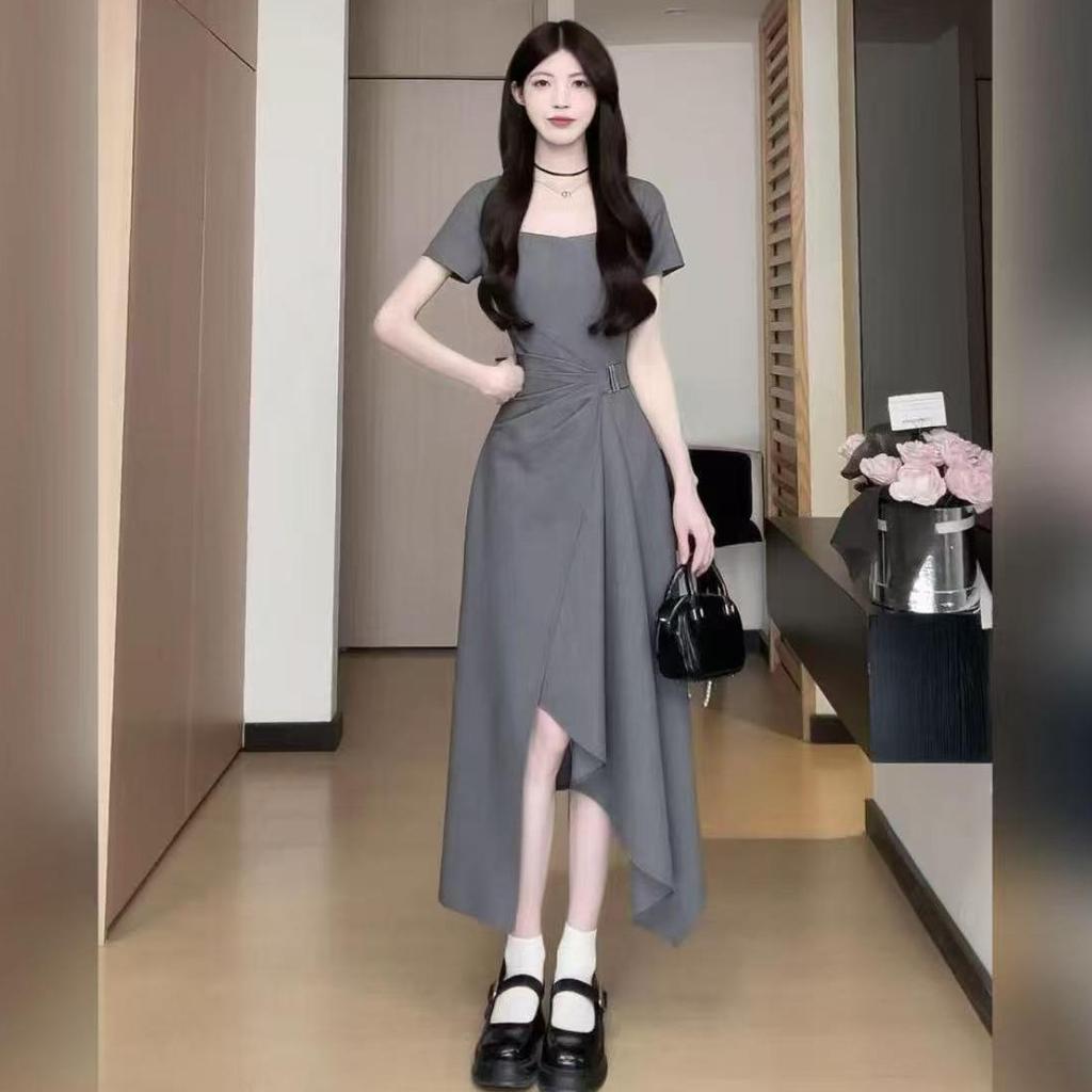 Hepburn style black dress children's summer new coffee break French high-end feeling small waist split dress