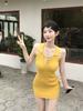 Pure Desire Wind Backless Knitted Neck Dress Women's Summer Slim-fitting Waist Sleeveless Skirt Showing Figure Hip-wrapped Short Skirt