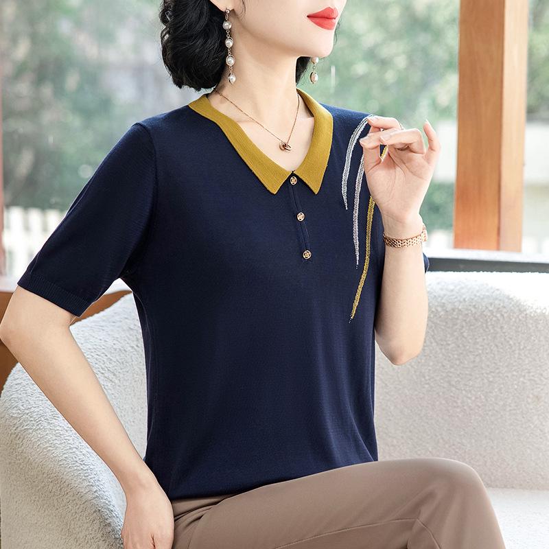 Elegant Ice Silk Striped T-Shirt for Middle-Aged Women - Summer 2026 Edition