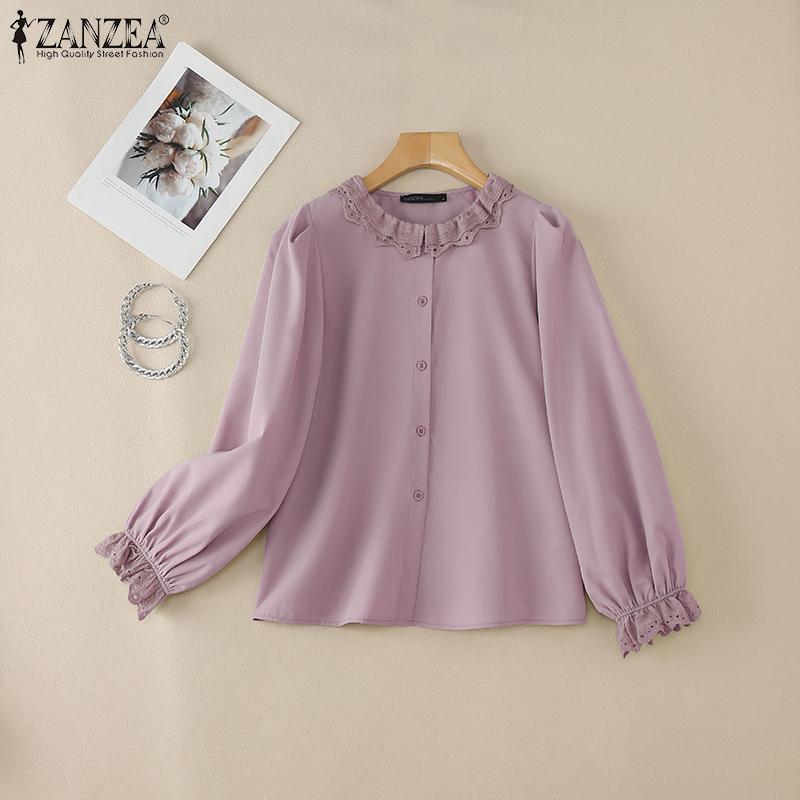 ZANZEA Damen Spitzeinsatz Rundhals Langarm Freizeitbluse