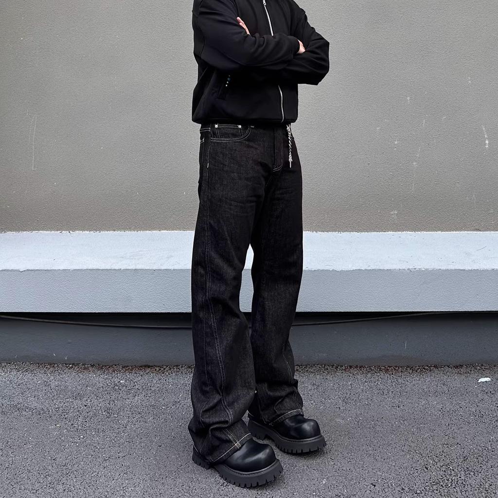 American retro original cow embroidered black jeans men's and women's niche splicing cleanfit versatile straight trousers