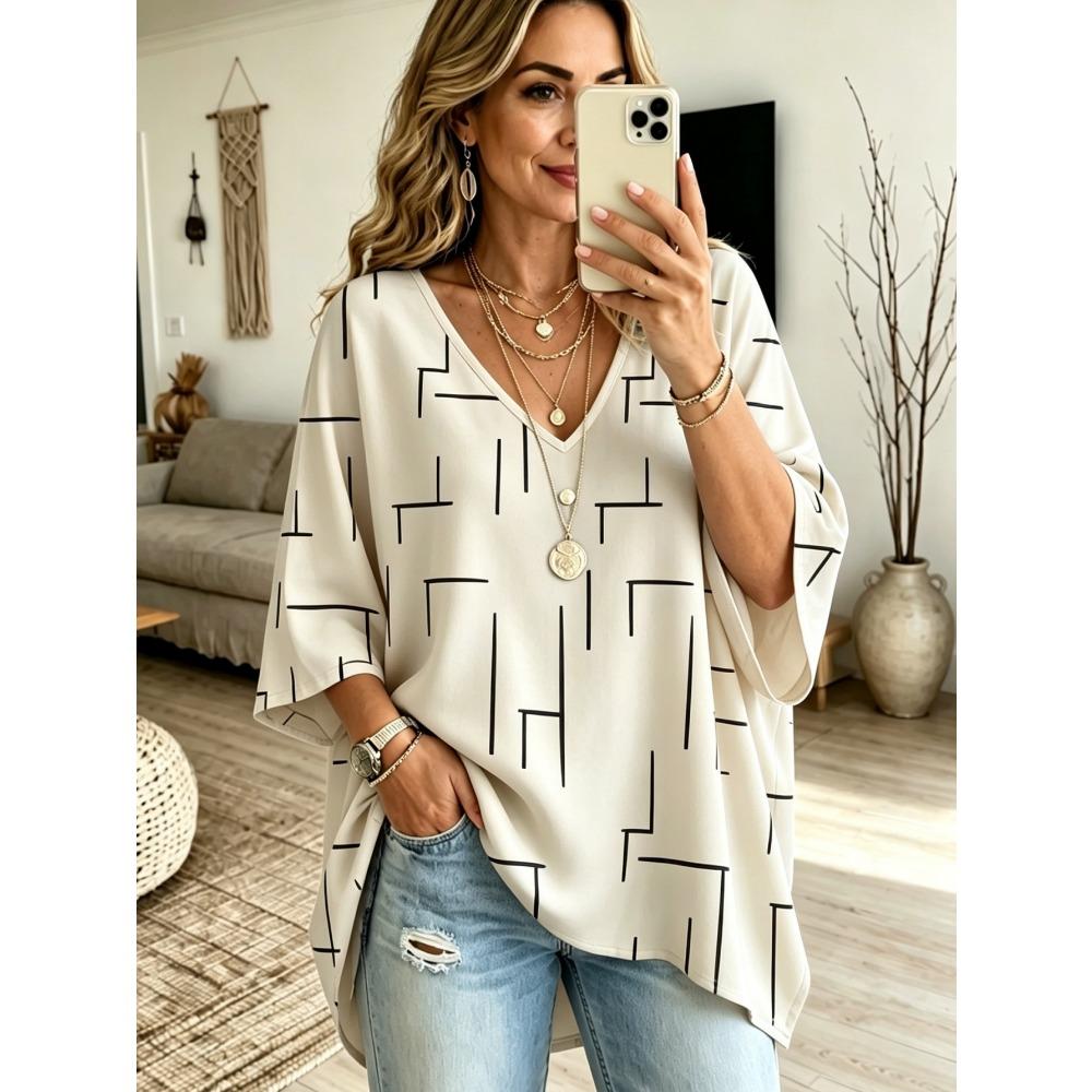 Plus Size Women's V Neck Bat Sleeve T-Shirt Bohemian Ethnic Print Loose Top Casual and Versatile