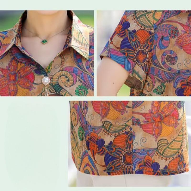 Mom Clothes Loose Short-sleeved Middle-aged and Elderly Women's T-shirt Shirt Fashionable Lapel Pullover Top