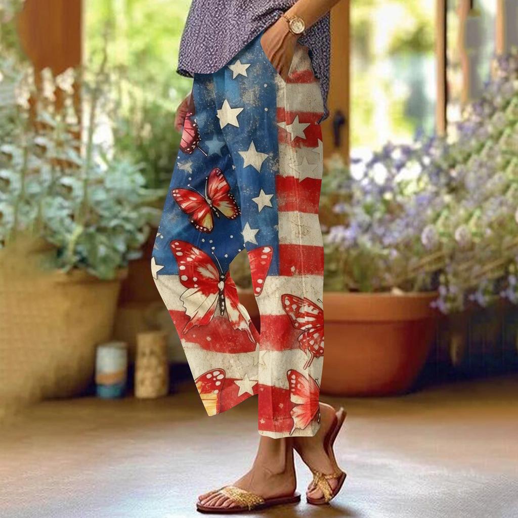 Dámské ležérní módní potištěné kalhoty s rovnými nohavicemi s kapsami