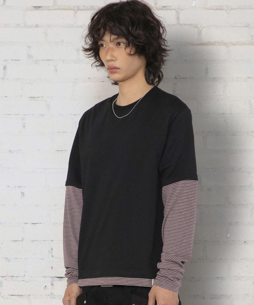 XTONZ Xtt166 Roll-Up Layered Crop Long Sleeve (Stripe Black)
