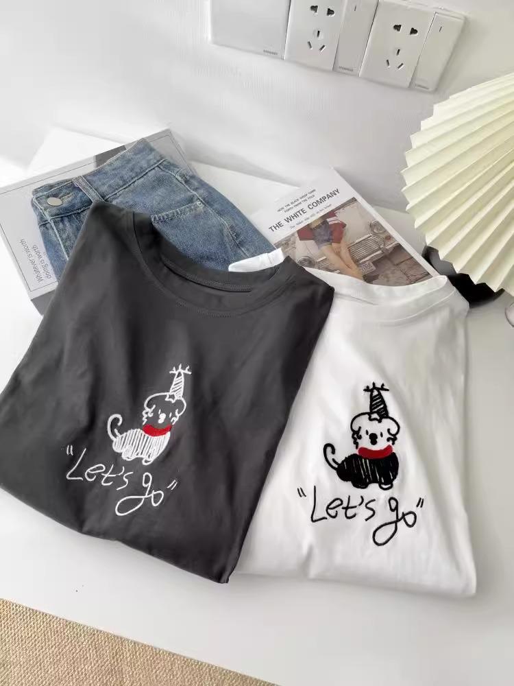 Korean Age-Reducing Red Scarf Puppy Embroidered Women's T-Shirt - Soft Cloud Cotton Brushed Short Sleeve Spring/Summer 2025
