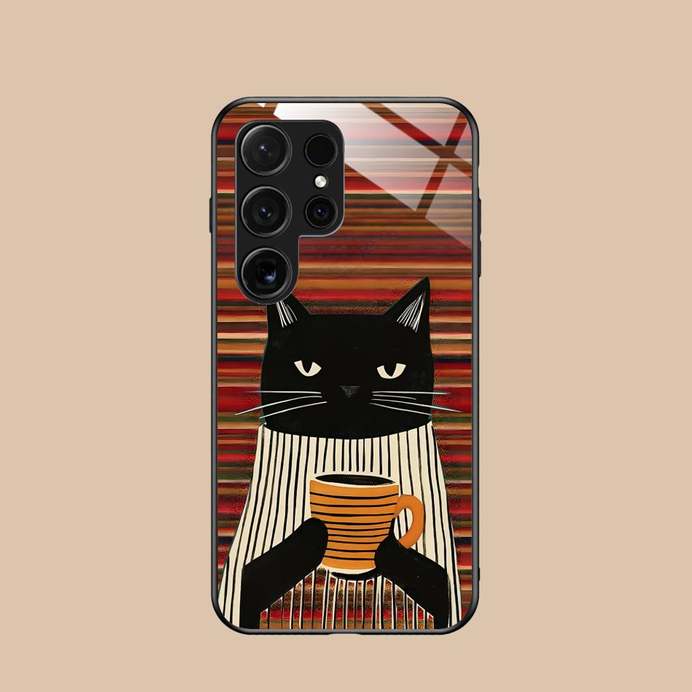 Cute Coffee Cat Glass Mobile Phone Case for Samsung Galaxy S26 S25 S24 S23 S22 S21 S20 Note20 Plus FE Ultra Colorful Cover
