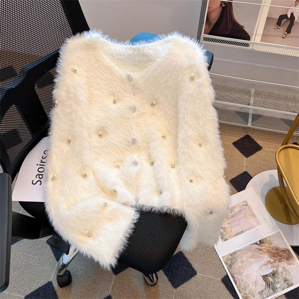 JIYUTOR Knit Cardigan with Fur and Fluffy Shaggy Fur with Loose Perfect for Formal Weddings Women's Pearls, Coat, V-Neck Buttons, Fit, (Free Size,