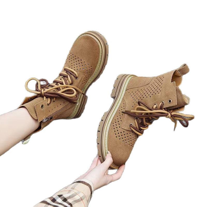Thick-soled hollowed-out rhubarb boots women's summer new inner height increase leather breathable punched Martin boots lace-up cool boots