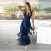V-neck Tassel Stitching Sleeveless Cake Long Dress Ladies Fashion Long Dress Blue Classic Party Dress