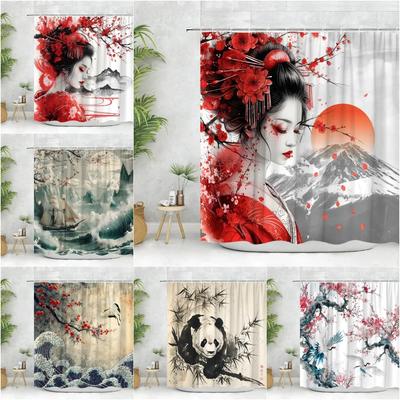 Exquisita Cortina de Ducha de Arte Oriental - Diseños de Geisha, Flor de Cerezo y Panda para una Decoración de Baño Única, Impermeable y Fácil de Cuidar