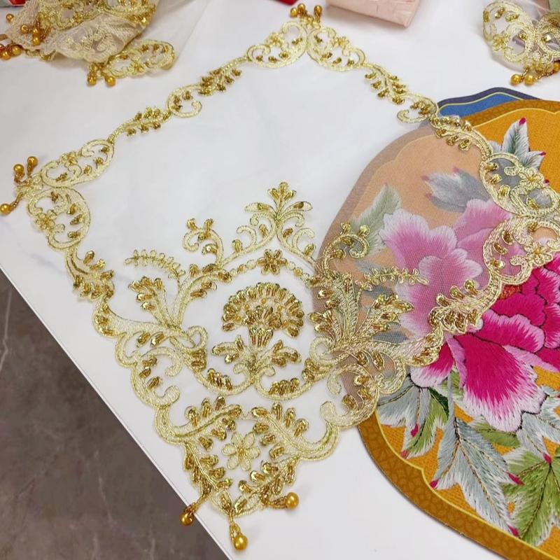 European hand beaded embroidered square gold tablecloth table mat set birthday party holiday living room bedroom decoration