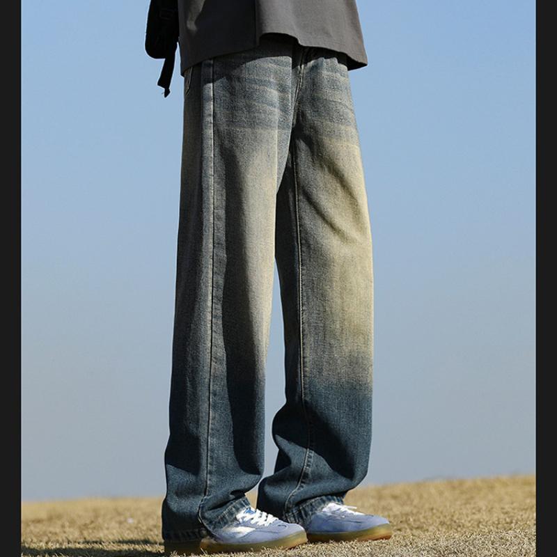 New 2025 Men's Student Four Seasons Washed Floor-Length Jeans Loose Straight Cut Retro Public Version Hong Kong Style