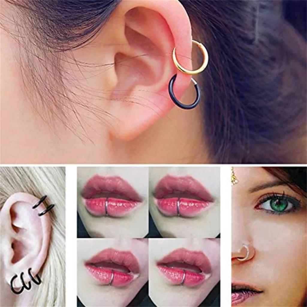 2pc/set Fake Nose Ring Hoops, Clip On Ear Fake Septum Ring Non Piercing Spring Hoop Earrings Lip Ring Fake Cartilage Earrings