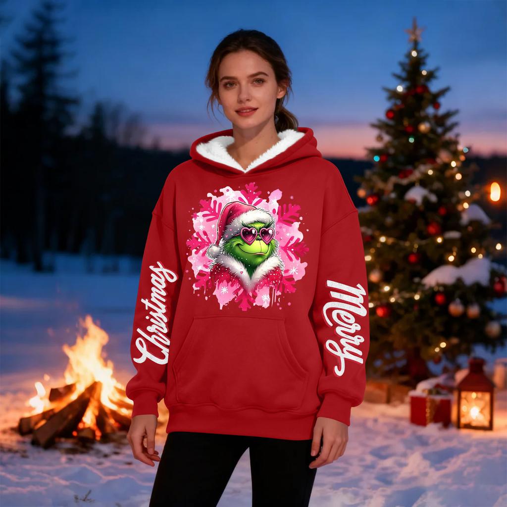 Damen Casual Mode Plus Samt Verdicktes Weihnachtsdruck Kapuzensweatshirt